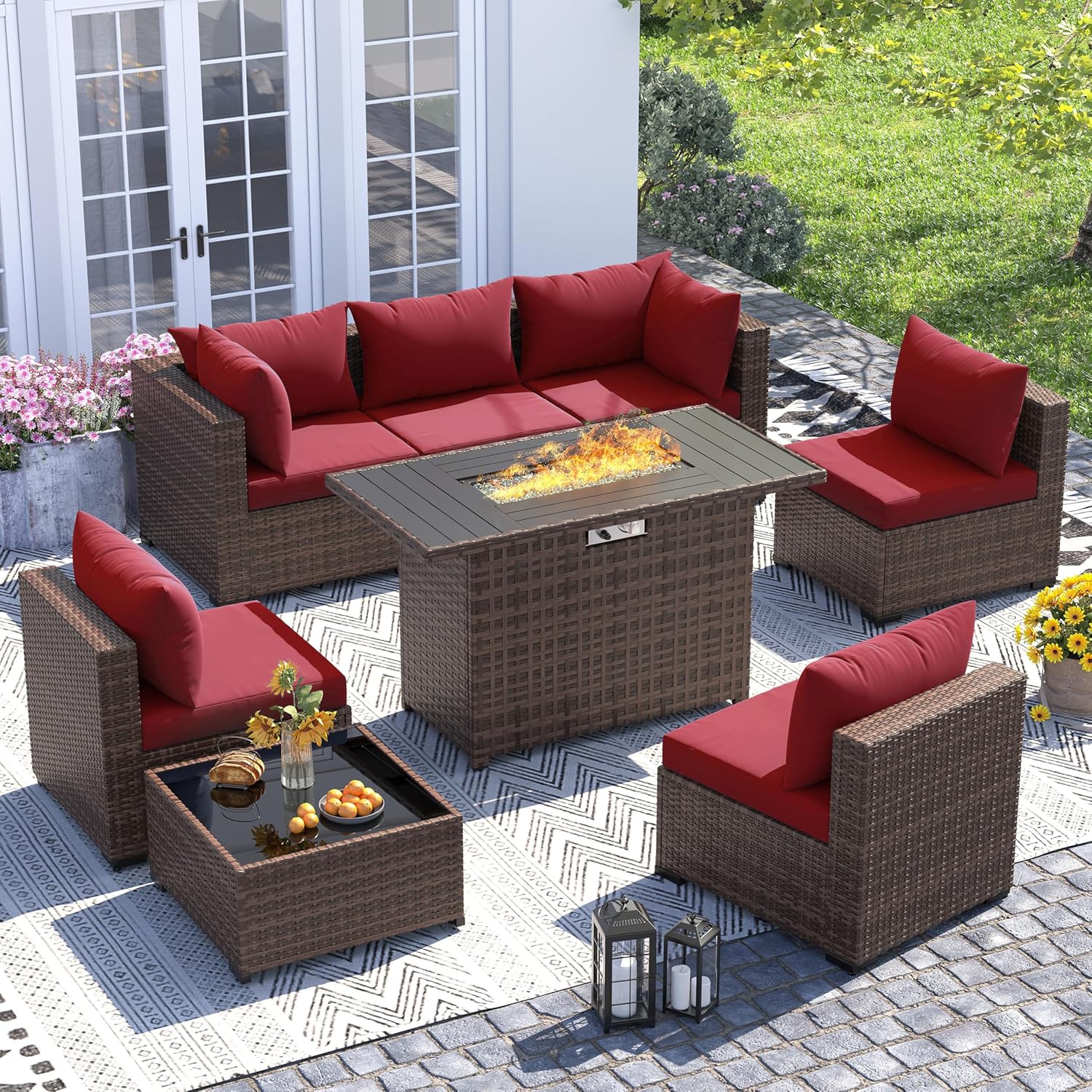 Outdoor Furniture Fire Pit Set - 8-częściowy zestaw mebli ogrodowych z rattanu