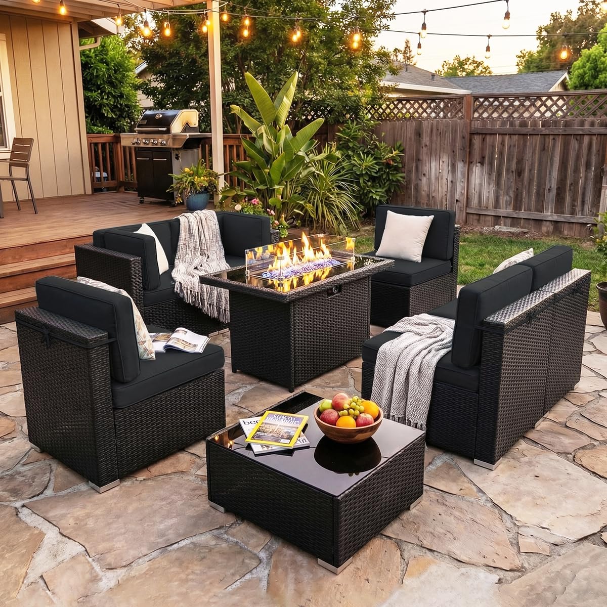 Outdoor Furniture Fire Pit Set - 8-częściowy zestaw mebli ogrodowych ze stołem