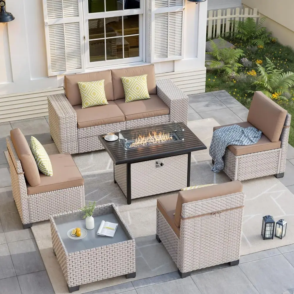 Outdoor Furniture Fire Pit Set - 7-częściowy zestaw mebli ogrodowych z paleniskiem,