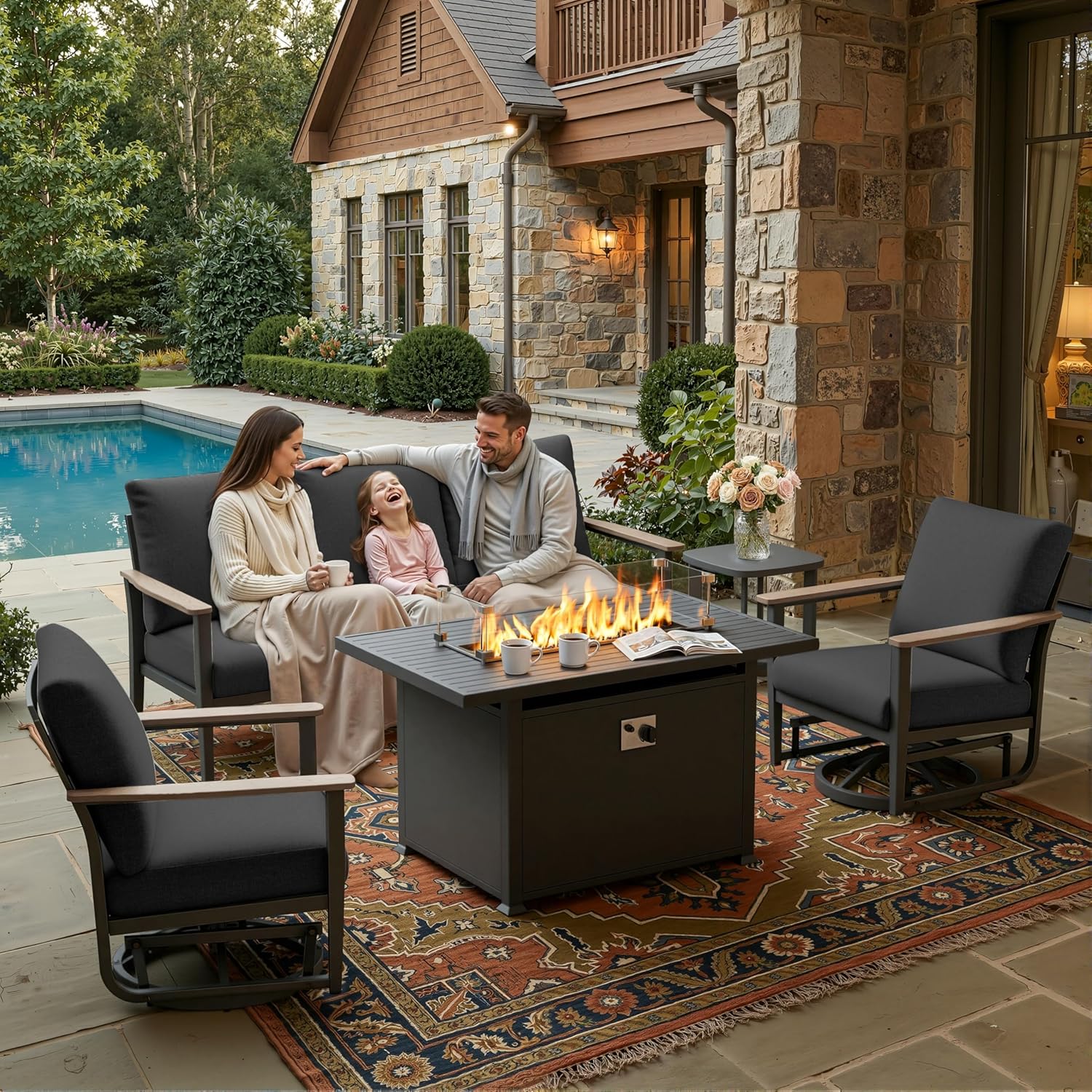 Outdoor Furniture Fire Pit Set - 5-częściowy aluminiowy zestaw mebli ogrodowych z