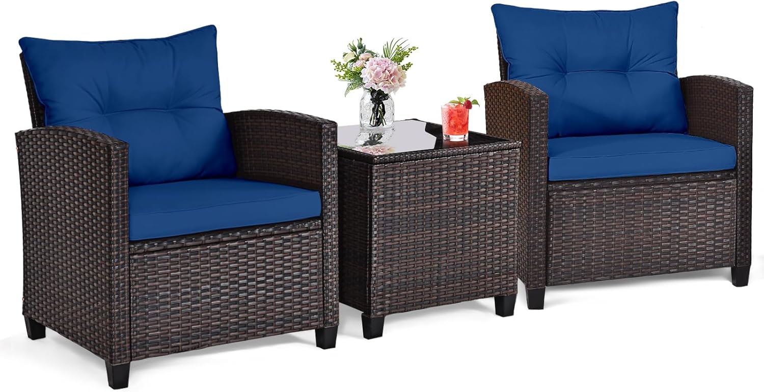 Outdoor Furniture Cushions - Granatowy, rattanowy, 3-częściowy zestaw bistro na